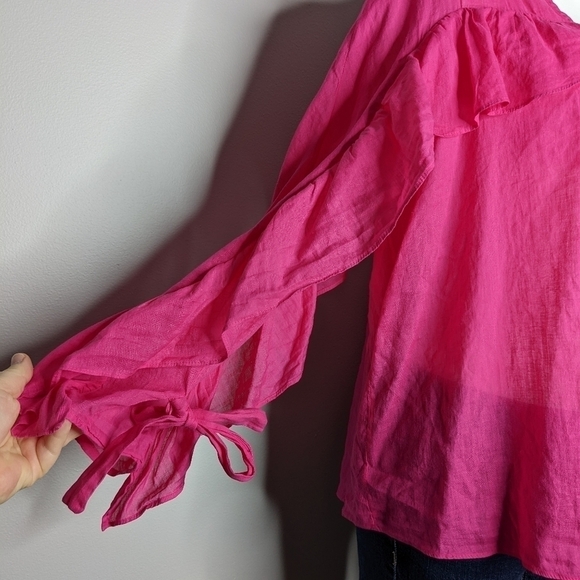 ✨3/$15 NWT Zara pink ruffle sleeve button up blouse XS - Picture 3 of 8
